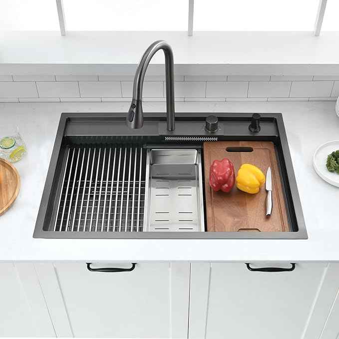 30 inch Black Drop in Kitchen Sink Workstation with Waterfall Faucet Combo -VOKIM 30x22 Drop in sink Workstation 16 Gauge Stainless Steel Single Bowl topmount Kitchen Sink with Waterfall Faucet
