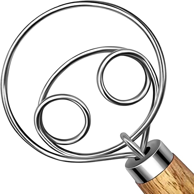 TEEVEA Danish Dough Whisk Stainless Steel Dough Hook Dutch Whisk for Sourdough Bread Dough Mixer Hand Wooden Handle Kitchen Whisking Mixing Tool Bread Making Tools and Supplies