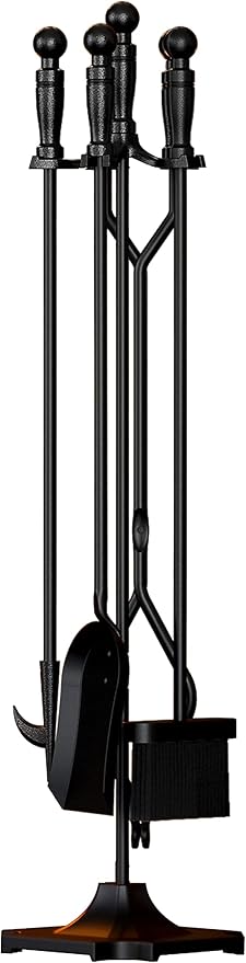 Fire Beauty Fireplace Tools Set 5 Pieces Wrought Iron Fireset Woodstove Log Tongs Holder Fire Kit Setwith Pedestal Place(32 Inches)