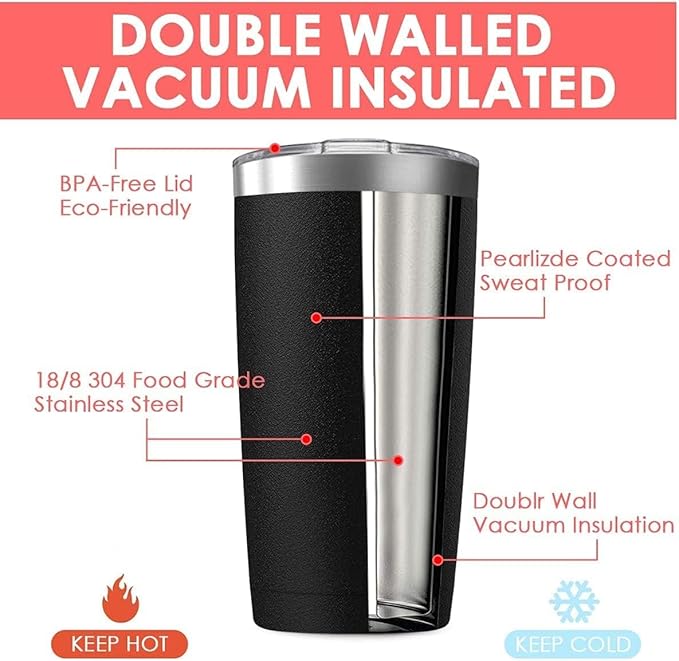 12Pack 20oz Tumbler Vacuum Insulated Travel Mug with Lids, Stainless Steel Double Wall Bulk Cup for Home, Office, Outdoor Suitable for Vehicle Cup Holders （Black）