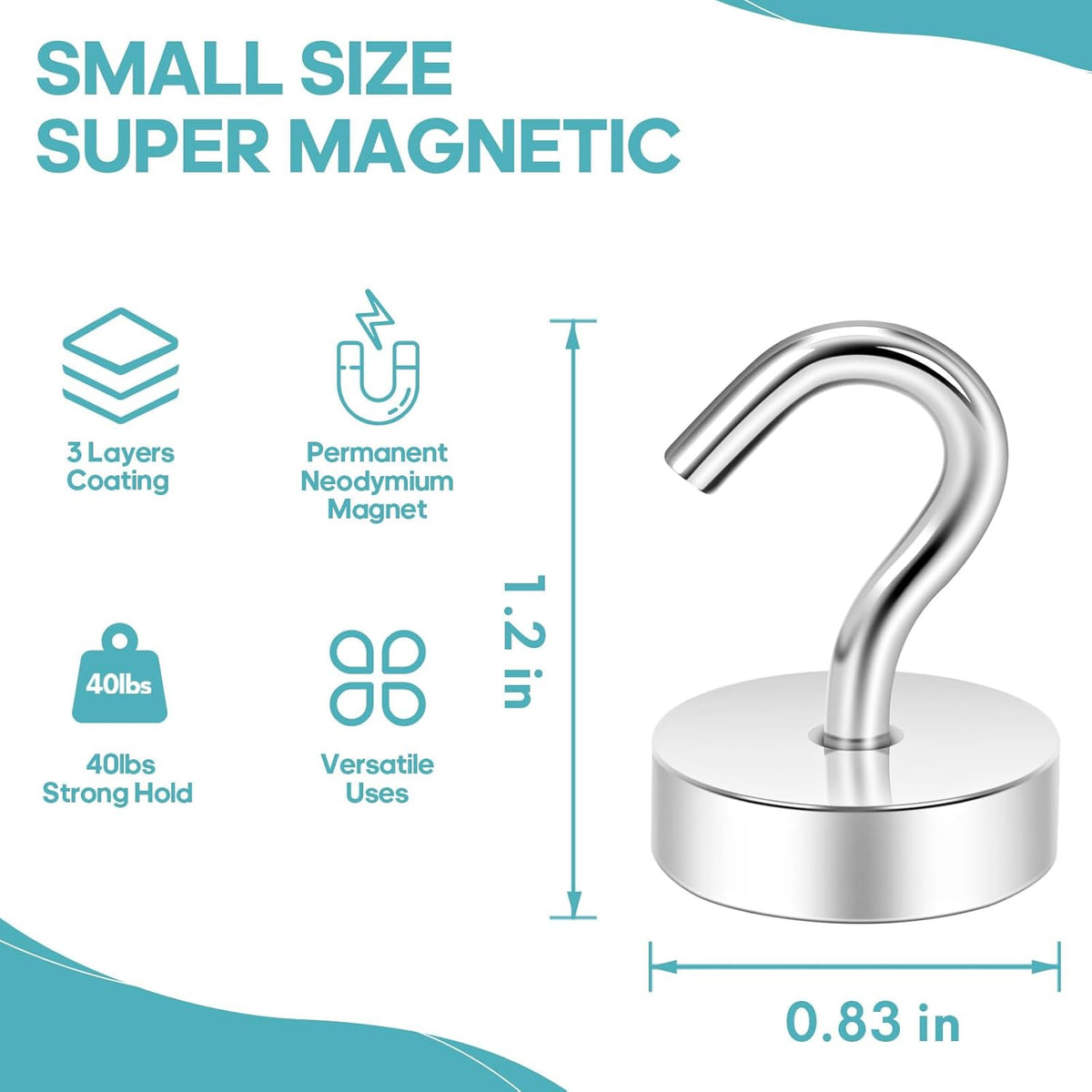 Neosmuk Magnetic Hooks, Cruise Ship Essentials, 40lb+ Heavy Duty Magnetic Hooks for Cruise Cabins, Refrigerator, Grill, Hanging, and Travel | Extra Strong Must-Haves Magnet Hook,Silver,Pack of 10