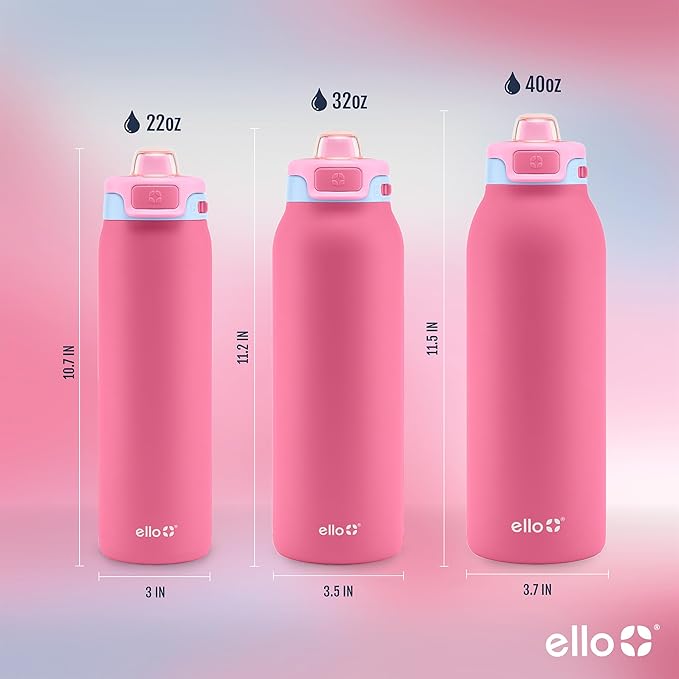 Ello Pop & Fill 32oz Stainless Steel Water Bottle with Quick Fill Technology, Double Walled and Vacuum Insulated Metal, Leak Proof Locking Lid, Sip and Chug, Reusable, BPA Free, Cherry Breeze