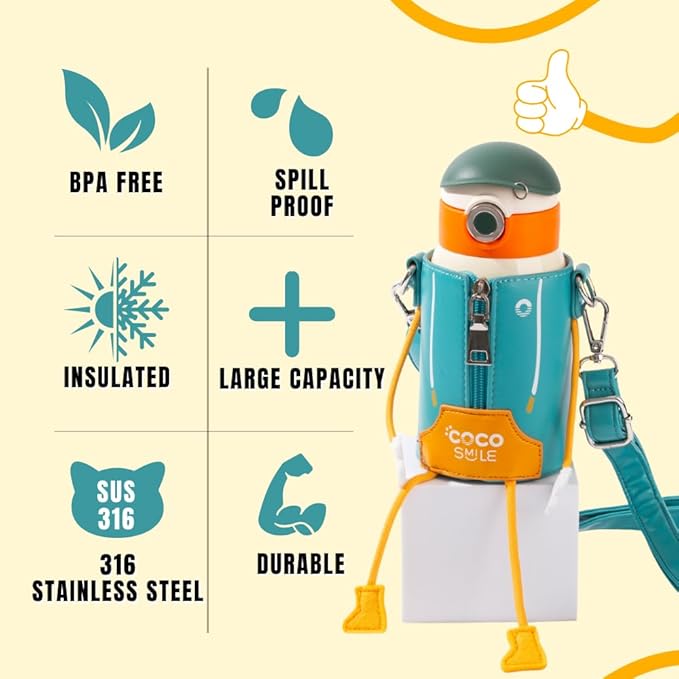 Cocosmile Puppet Kids Insulated Water Bottle with Zipper Sleeve, Easy Open Button & Carrying Lanyard, Kids Water Bottles for School Boys Girls, Stainless-Steel Thermal Cup, BPA Free (Without Straw)
