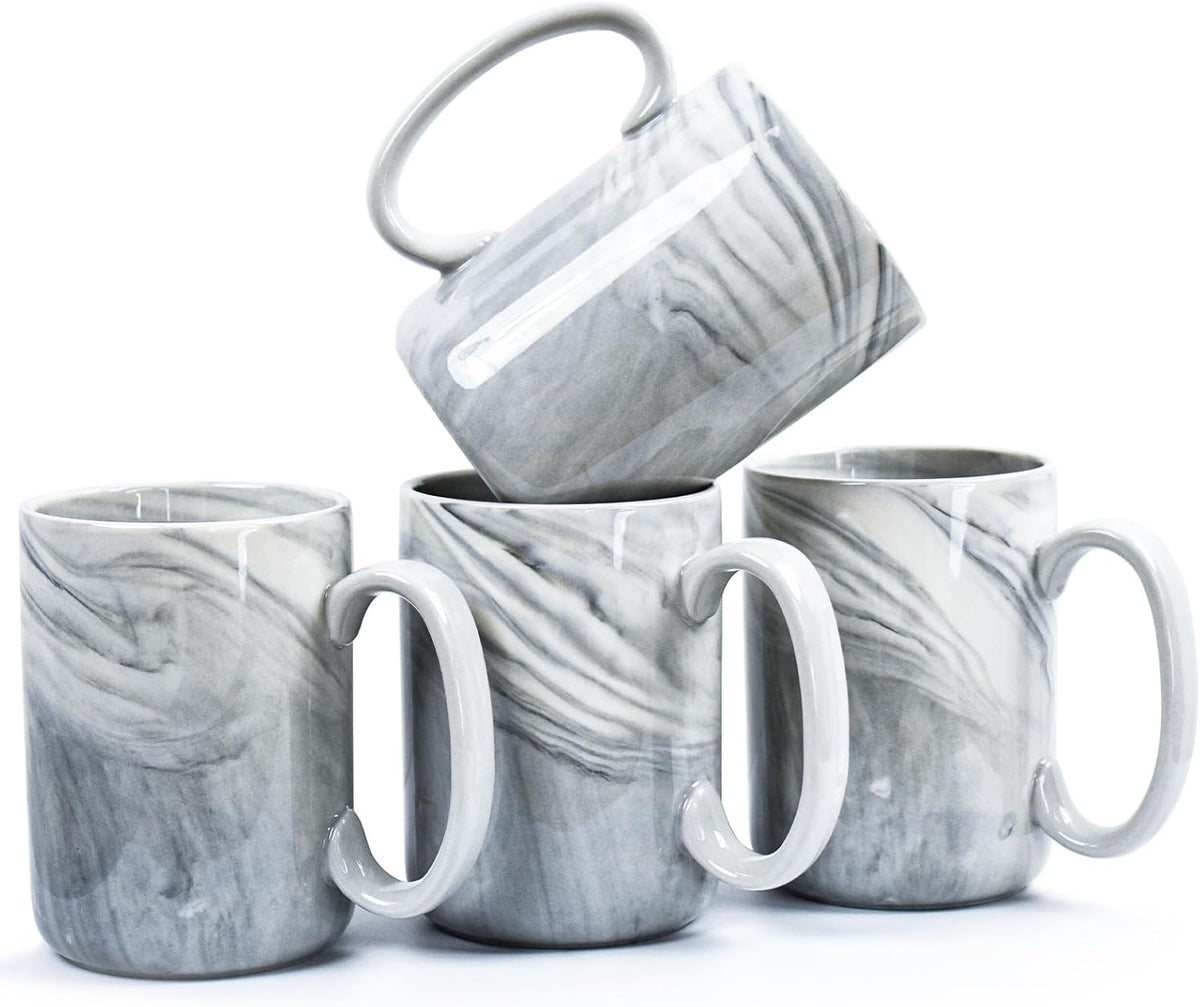 Coffee Mugs Set of 4,16 OZ Large Marble Ceramic Tea Cups with Big Handle,Bulk Grey Marble Mugs Set for Latte, Beer,Cappuccino,Microwave Dishwasher Safe Cup for Men Women Gift