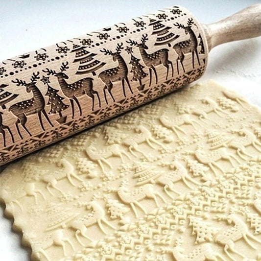 Christmas Wooden Rolling Pin for Baking,Engraved Embossing Rolling Pin Cookie Stamps Roller Square Grid Cookies Mold Kitchen Decor Tools for Kids Adults(Elk)