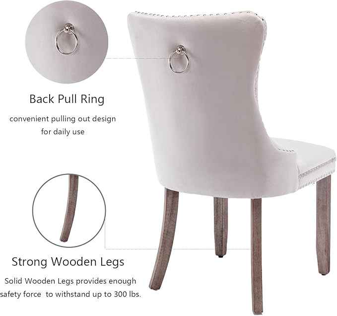 Beige Velvet Dining Chairs Set of 4, Upholstered Dining Room Chairs with Back Ring Pull Trim and Solid Wood Legs, Tufted Wingback Kitchen Chairs for Dining Room,Living Room,Kitchen(Beige)