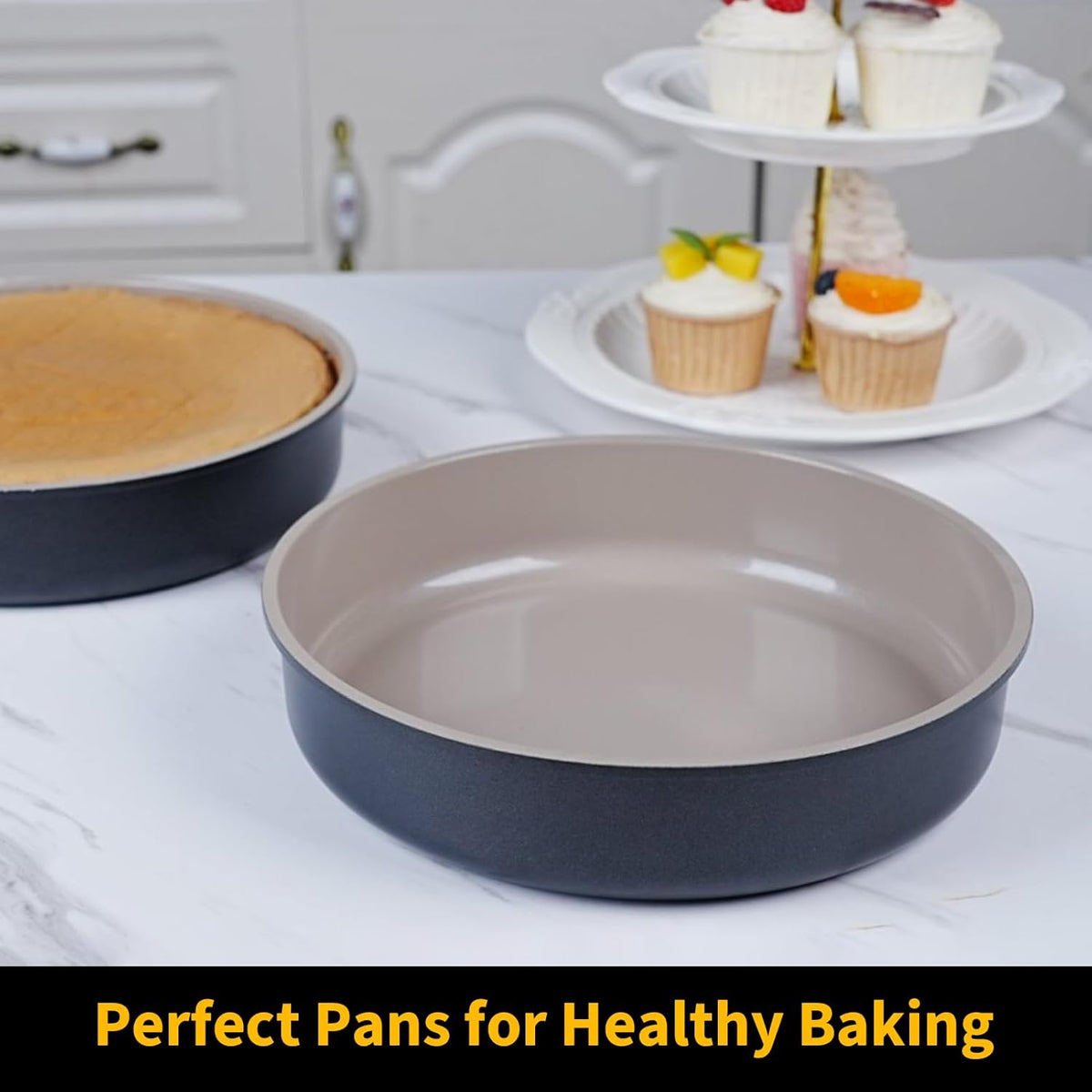 9.5 Inch Round Cake Pan,Cast Aluminum Bakeware Ceramic Nonstick for Cake Baking,Oven and Dishwasher Safe(Black)
