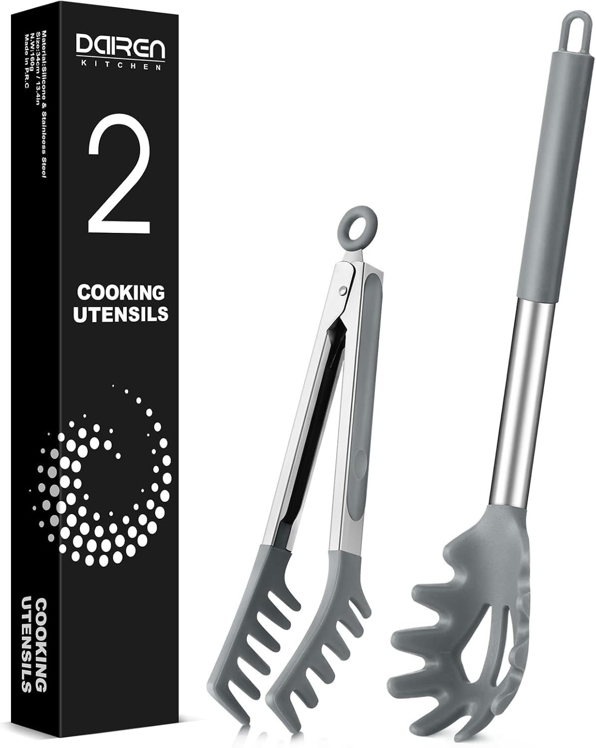Spaghetti Spoon and Pasta Tong, Non-stick Silicone Spoon Server Fork With Teeth and Stainless Steel Handle, Food Clip for Noodles (Grey)
