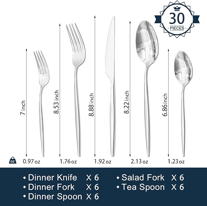 KINGSTONE Silverware Set, 30-Piece Flatware Set Cutlery Set Premium 18/10 Stainless Steel, Tableware Include Forks Knives Spoons for Home Kitchen Restaurant Wedding, Dishwasher Safe