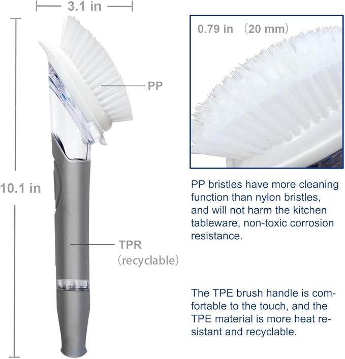 CELOX Grout Brush with Long Handle and Dish Brush with Soap Dispenser for Cleaning Pots, Dishes, Bowls, Gray