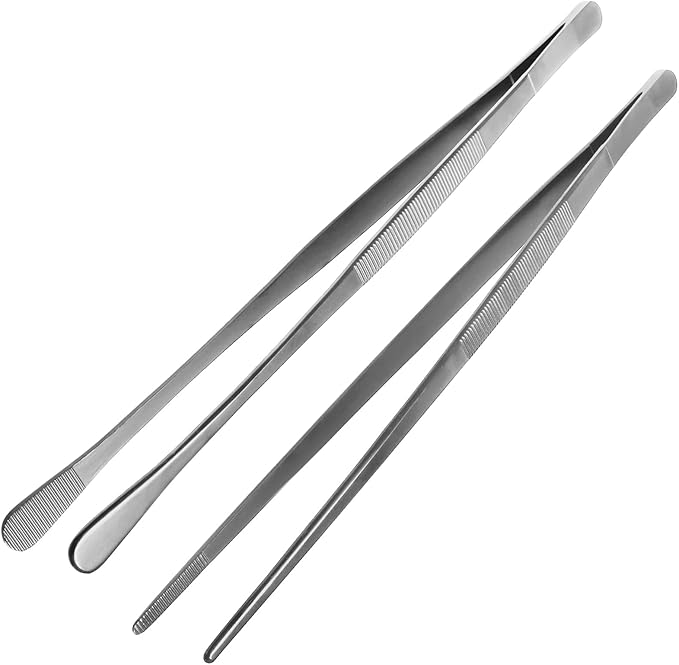 Litoexpe 4 PCS 10in & 12in Fine Tweezer Tongs, Stainless Steel Cooking Tongs for BBQ Sea Food Repairing Serving, Silver