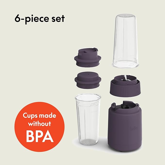 bella 6 Pcs Portable Rocket Blender, Juicer & Smoothie Maker, Press & Twist Design, EverGood™ & BPA Free Dishwasher Safe Parts, 4 Tip Stainless Steel Blade, Cord Wrap, 240 Watt Motor, Plum