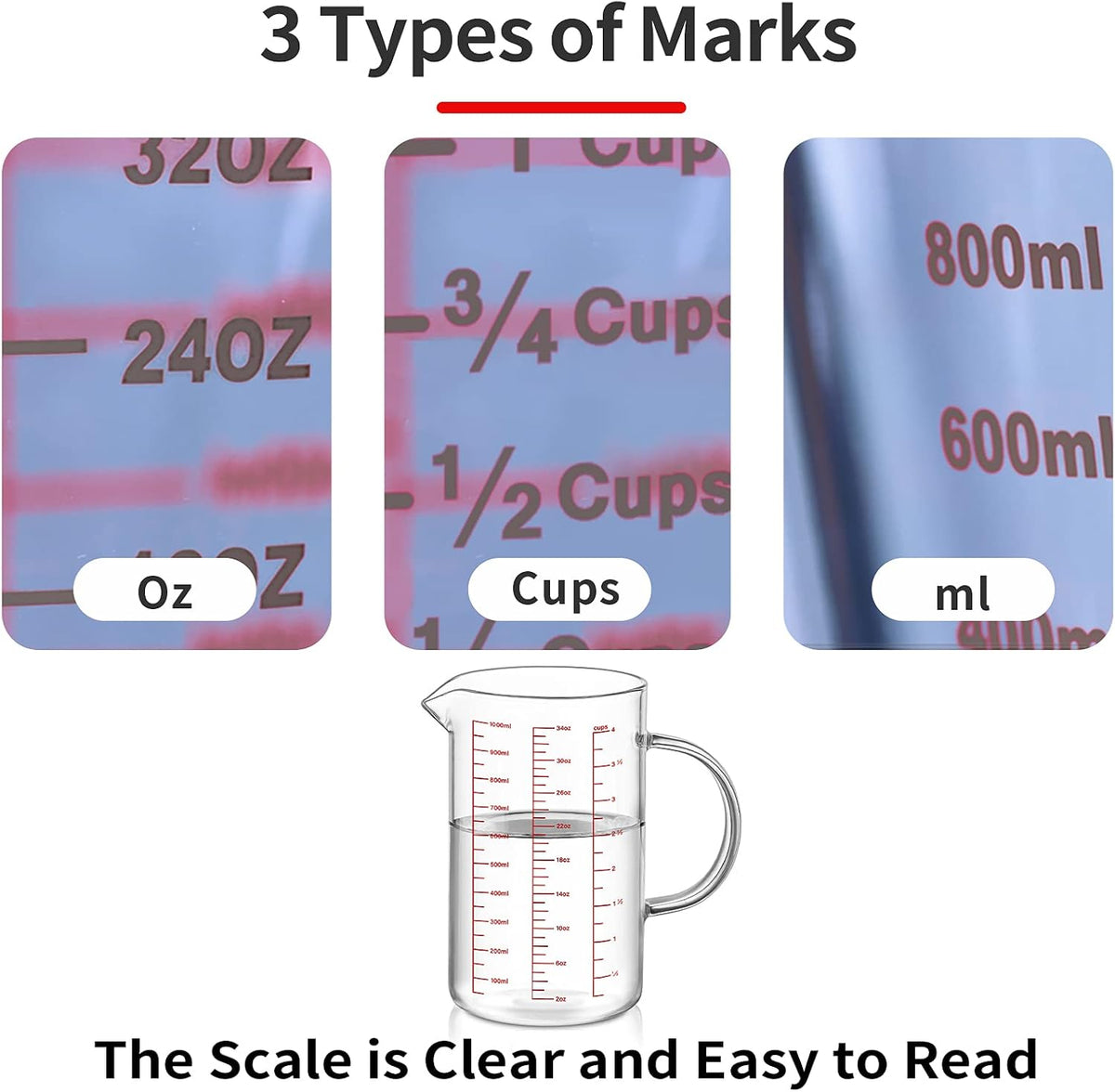 Luvan 34OZ/1000ML Glass Measuring Cup, 4 Cup Glass Measuring Cups With 3 Scales (Ml/Oz/Cup), High Borosilicate Measuring Cup With Handle and V-Shaped Spout, Dishwasher/Freezer/Microwave Safe