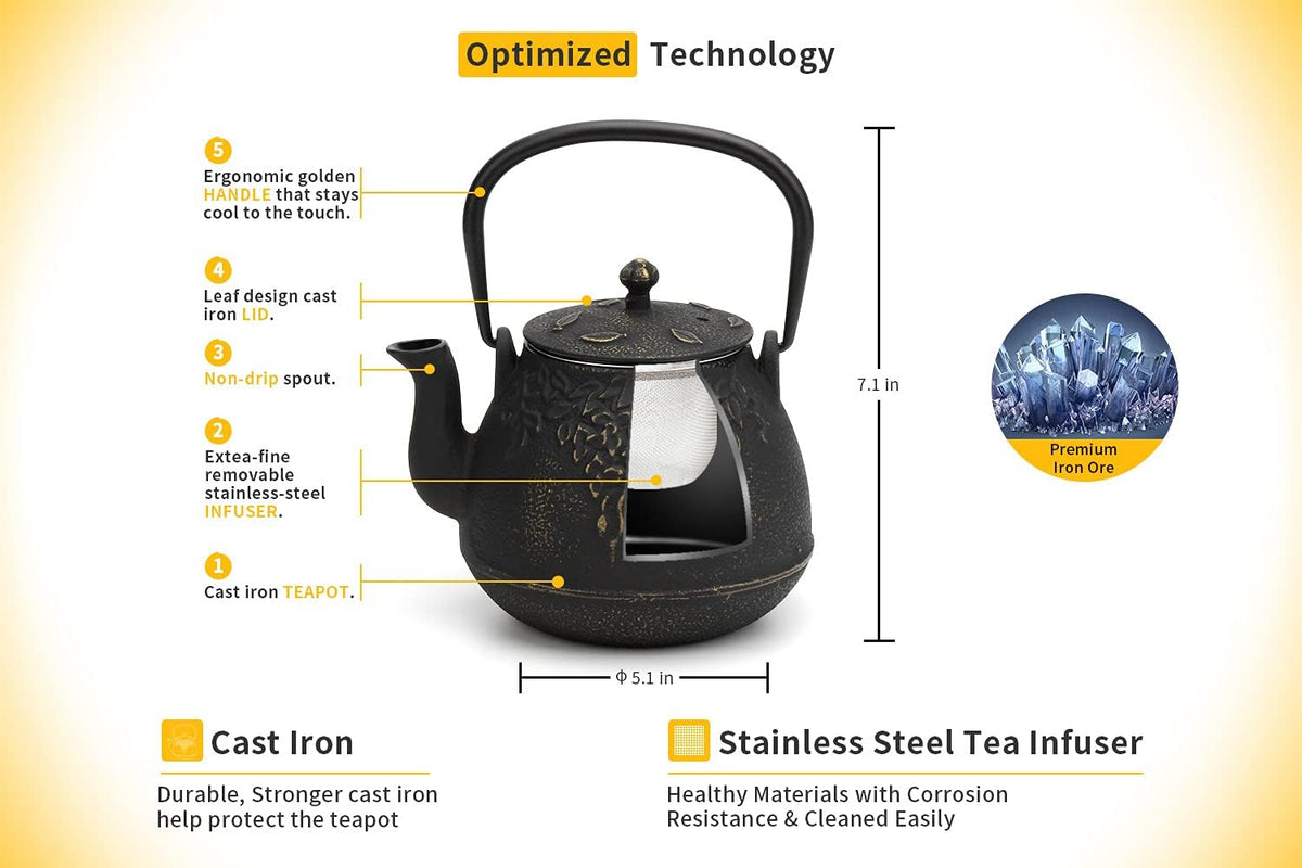 Tea Kettle, TOPTIER Japanese Cast Iron Tea Pot for Stove Top, Cast Iron Teapot Humidifier for Wood Stove, Leaf Design Tea Kettle Coated with Enameled Interior for 32 Ounce (950 ml), Black