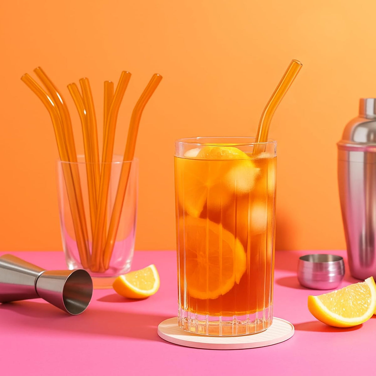 12 Pcs Reusable Glass Straws 8"x 8 mm Bent Glass Drinking Straws with Cleaning Brush for Tea, Smoothies, Milkshakes, Juices,Beverages(amber)