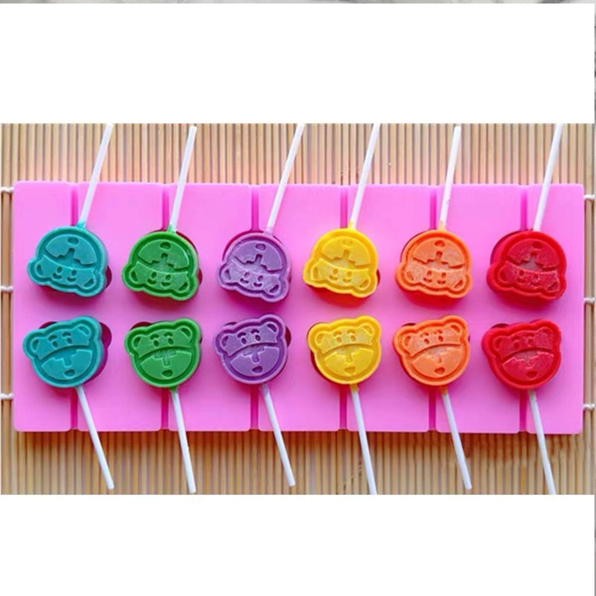 12 Capacity Silicone Bear Lollipop Mold Set, Sucker Molds and Chocolate Hard Candy Mold with 50pcs Lollipop Sucker Sticks, Candy Treat Bags, Gold Ties. (Bear)