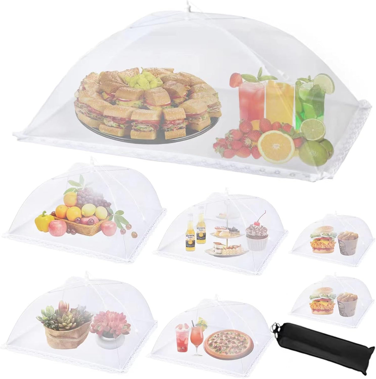 7Pack Various Size (40x24*1,17x17*2,14x14*2,12x12*2) Pop-up Food Tents Food Covers for Outside Mesh to Keep Bugs away,Reusable Collapsible Food Nets for Picnic Party BBQ Wedding Fruit
