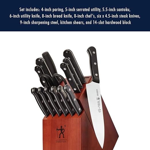 HENCKELS Solution Razor-Sharp 15-pc Knife Set, Chef Knife, Bread Knife, Steak Knife, German Engineered Informed by 100+ Years of Mastery, Black/Stainless Steel