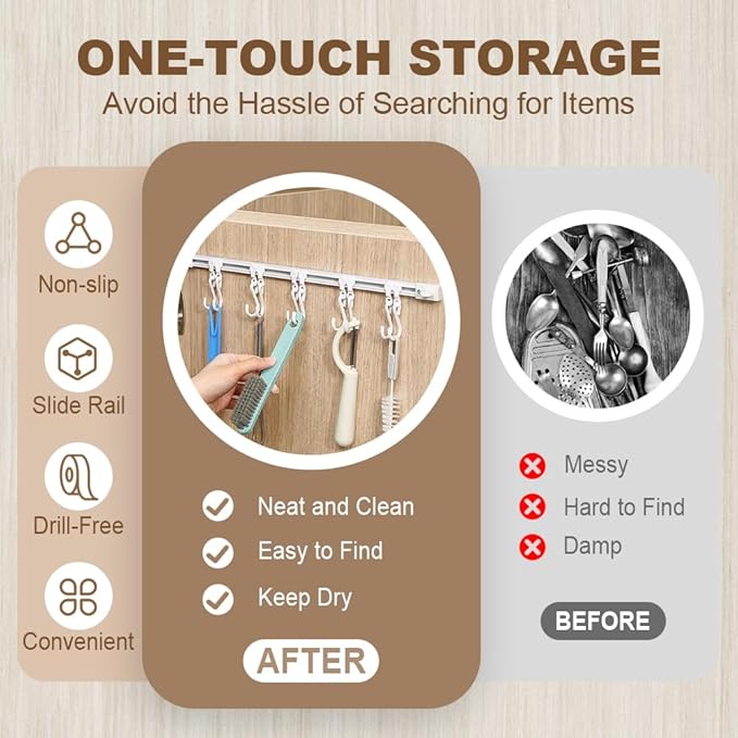 Multifunctional Slide Rail Hook,Kitchen Utensil Hanging Rack Wall Mounted Hanger,Space Saving Utensil Holder with 10 Hooks ,Sliding Track Hook No Drilling Hanger for Home Office (Length 30cm/1pcs)