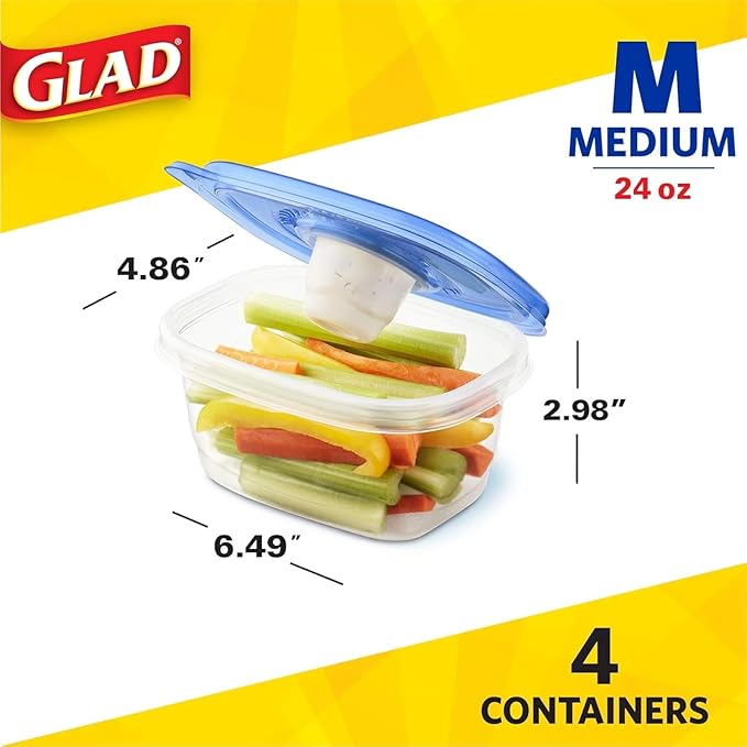Glad GladWare To Go Snack Food Storage Containers with Lids, Medium Rectangle BPA Free Plastic with Built-In Dressing Cup for Salads and Snacks, Microwave Dishwasher Safe, 24 Oz, 4 Count - 2 Pack