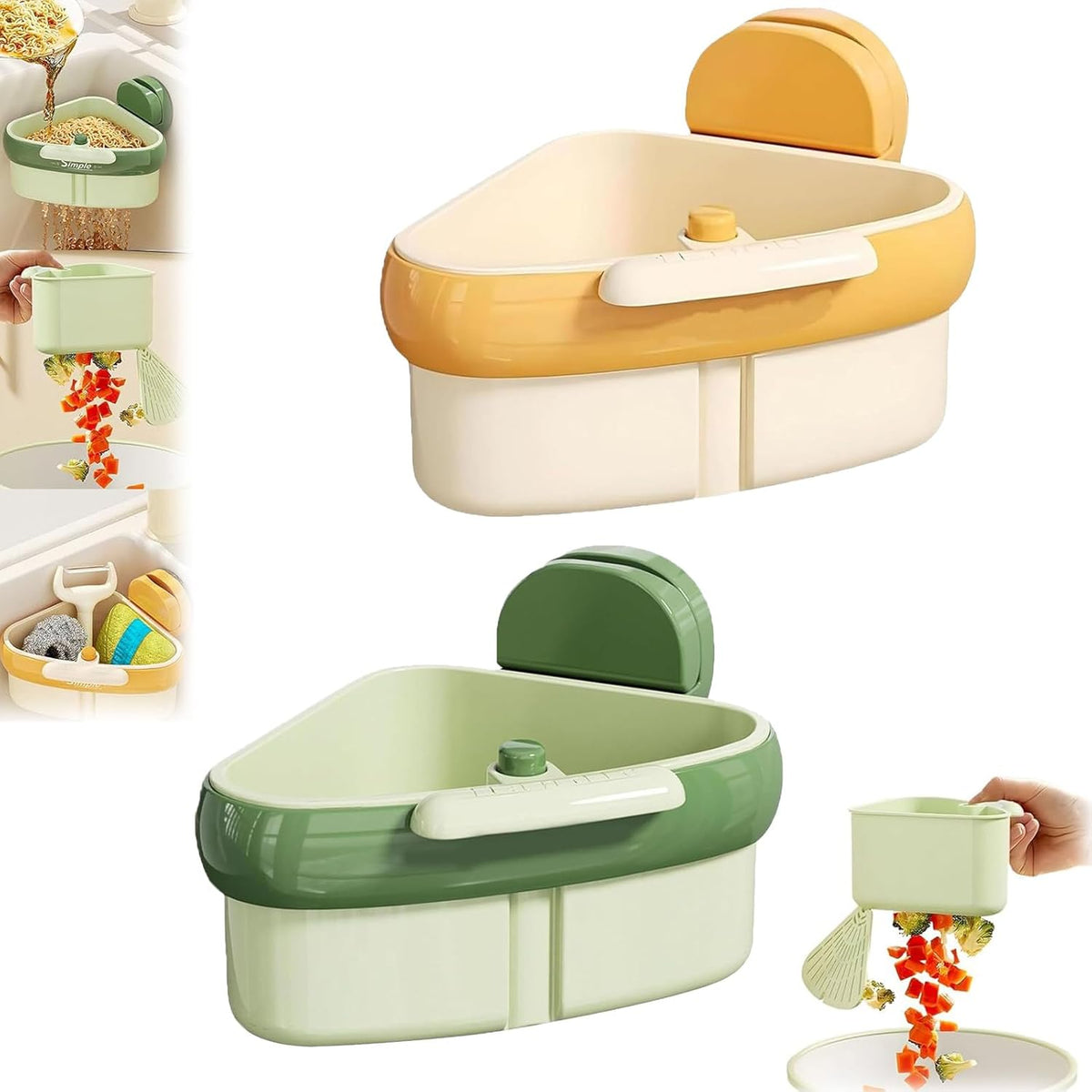 Suction Cup Sink Corner Rack, Sink Strainer Basket, 2025 New Upgraded Suction Cup Press Sink Drainer Basket, Press Automatic Dumping Sinks Strainer Basket (2pcs-c)
