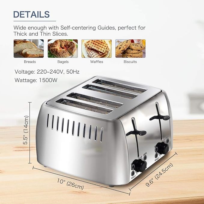 Toaster 4 Slice Stainless Steel Bagel Toaster Extra Wide Slots with 6 Browning Setting, Bagel/Reheat/Defrost/Cancel Function for Toasting Bread, Bagels and Waffles, 1500W, Silver
