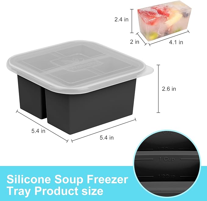Silicone Freezer Tray with Lid 4 Pack Silicone Freezer Molds Ice Cube Tray Makes 8 Perfect 1 Cup Portions Soup Cubes Meal Prep Containers- Oven & Dishwasher Safe