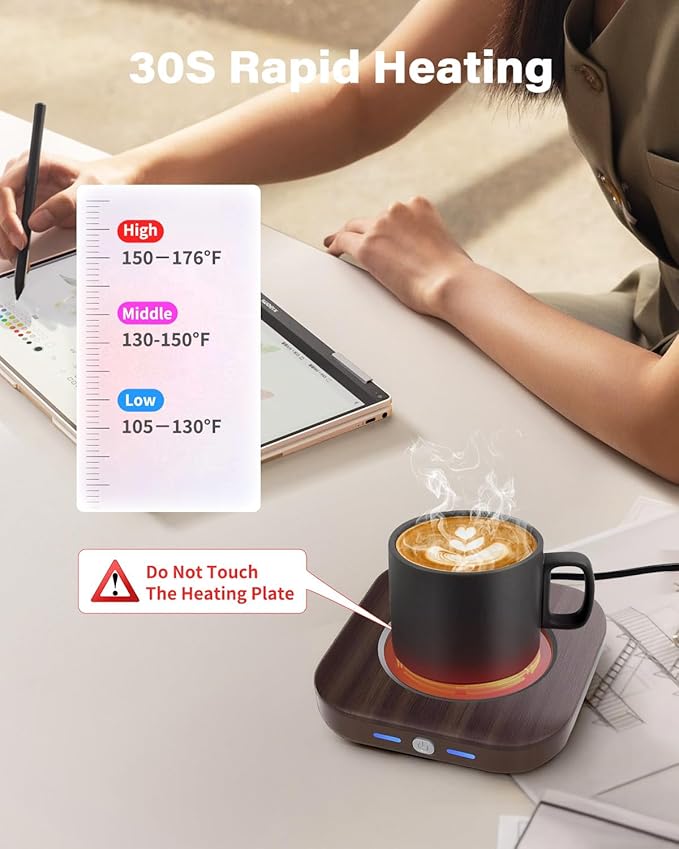 Mug Warmer - 3-Temp Settings Coffee Mug Warmer for Desk with 4 Hrs Auto Shut Off, Fastest Heating & Smart Wood Candle Warmer - Ideal Coffee Gifts Accessories Keep Beverages Coffee Warmer