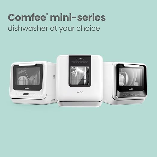 COMFEE' Countertop Dishwasher, Portable Dishwasher with 6L Built-in Water Tank, Mini Dishwasher with More Space Inside, 7 Programs, UV Hygiene& Auto Door Open, for Apartments, Dorms& RVs, White