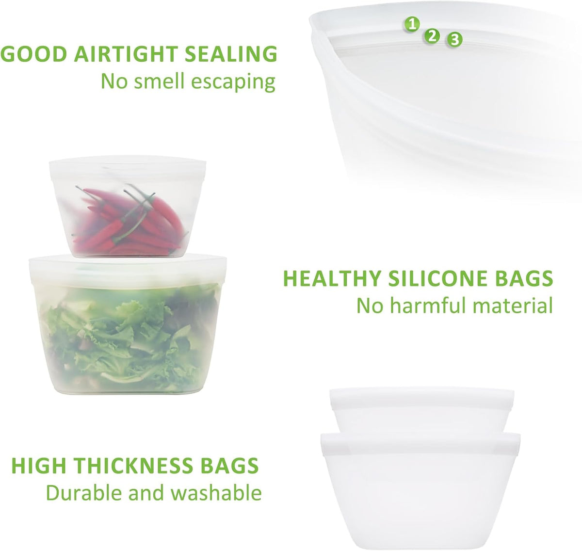 Silicone Bags for Food Storage, Reusable Zip Lock Bags Silicone Food Storage Containers, Freezer Microwave Oven Dishwasher Safe, Plastice BPA-Free 5 Pack (40oz 20oz 12oz 17oz 34oz)