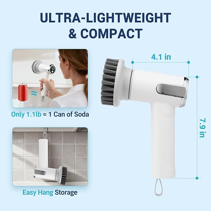 Electric Spin Scrubber Compatible with Scrub Daddy/Mommy, Coinicxcel 2-Speed Option IP7X Waterproof Smile Sponge Dish Wand Holder with 4 Replaceable Heads, Lightweight for Oven/Stove/Sink