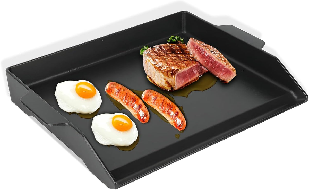 Universal Cast Iron Griddle 18.6" x 14", Pre-Seasoned Nonstick Flat Top Grill Griddle Plate for Outdoor Gas Grill/Charcoal Grill/Stove Top with Extra High Sidewall & Grease Groove, for Camping