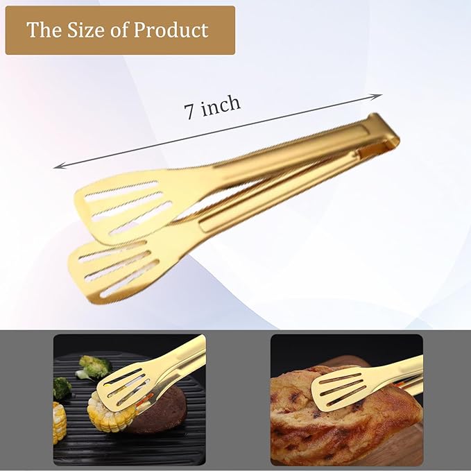 6 Pack Serving Tongs Kitchen Tong, 7 Inch Gold Buffet Tongs, Stainless Steel Food Tong Small Tong, Serving Tong for Buffet, Party, Salad, Appetizers