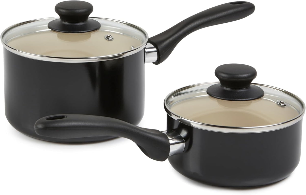 Amazon Basics 11-Piece Ceramic Non-Stick Pots and Pans Set, Dishwasher & Oven Safe, Non-Toxic, Easy Clean, Black/Cream