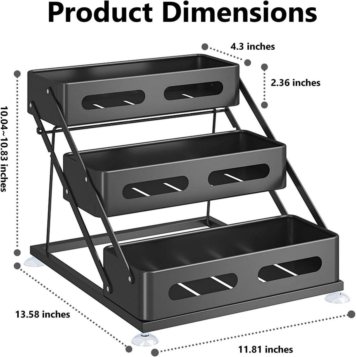 3 Tier Foldable Spice Rack for Countertop Iron Kitchen Seasoning Organizer for Cabinet, Black