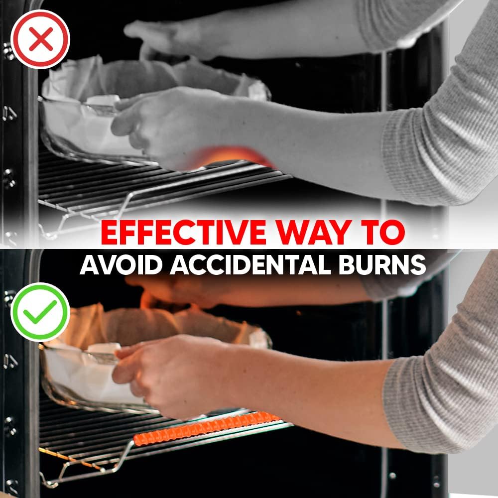 Oven Liners for Bottom of Oven Black (4-pack) Bundled with Rack Shield (4-pack) - Large Mat for Bottom of Range (17"x 25") and 14" Orange Stove Guards for Racks - Reusable & Heat Resistant