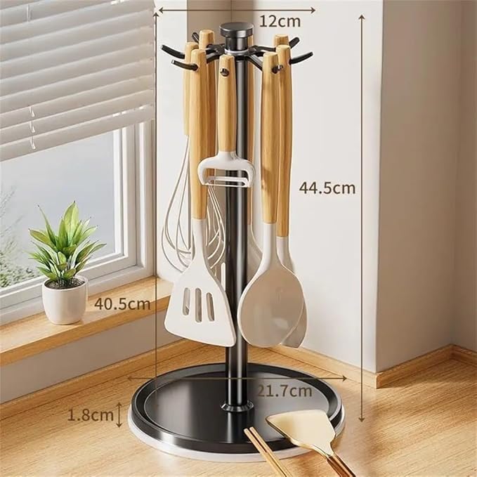 Organizer Rack Rotatable Utensil Holder, With 8 Hooks And 360 Degree Rotation For Kitchen Countertop, Space Saving Organizer For Cooking Tools(Grey)
