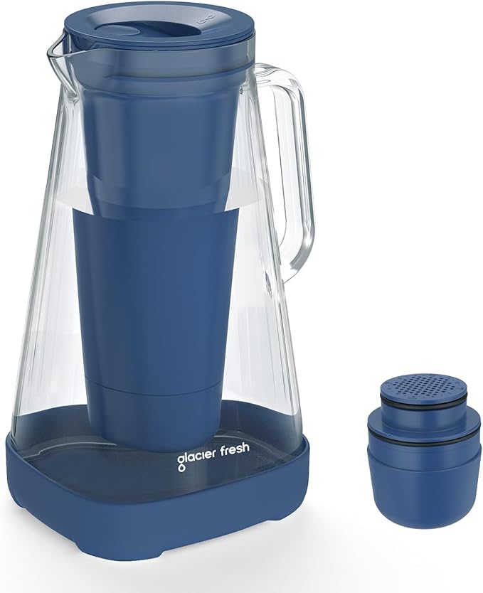 GLACIER FRESH 10 Cup Glass Water Pitcher with 1 Filter of 3X Flow Rate, Purela Glass Pitcher with 5-Stage Filtration Technology, Reduces 99% Chlorine and Improve Taste, Bpa Free, Blue