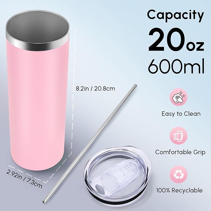 Volhoply 20 oz Skinny Tumbler with Lid and Straw, Stainless Steel Straight Tumblers Cup, Vacuum Insulated Coffee Mug for Home, Office, Travel, DIY (Pink,1 Pack)
