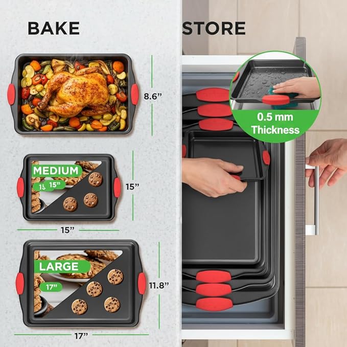 NutriChef 3-Piece Cookie Sheets for Baking, Non-Stick Baking Pans Set with Silicone Handles, Stackable Oven Trays in Small, Medium & Large Sizes for Professional and Everyday Use, 2026 Edition