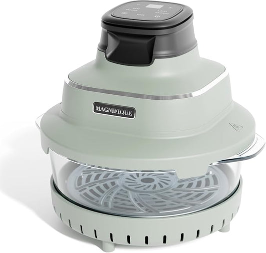 MAGNIFIQUE Glass Air Fryer, Non Toxic Air Fryer with 4.5QT & 2.5QT Glass Pots, Borosilicate, Stainless Steel, Air Fry, Bake, Re-Crisp & MaxCrisp, Olive