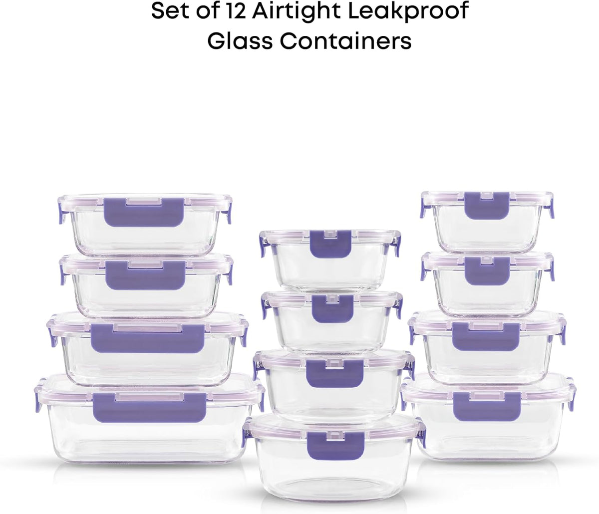 JoyJolt 24pc Borosilicate Glass Storage Containers with Lids | 12 Airtight/Freezer Safe Food Storage Containers for Pantry and Kitchen | Meal Prep Container for Lunch | Glass Tupperware Set