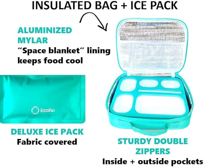 kinsho Lunch Box for Kids Boys Girls - Bento Box Set with Insulated Bag and Ice Pack, 6 Compartment Leak Proof Food Container, BPA-Free, Microwave Safe, Ideal for School & Work, Teal