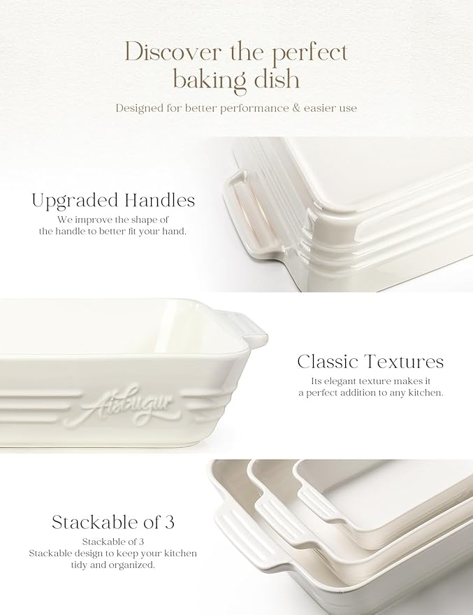 Ceramic Baking Dish Set, 3-Piece Casserole Dishes for Oven, Rectangular Baking Pans, Deep Lasagna Pans with Handles, Multi-Size Set for Cooking, Baking, Serving, and Gifting, White (16.1''/12.2''/9'')