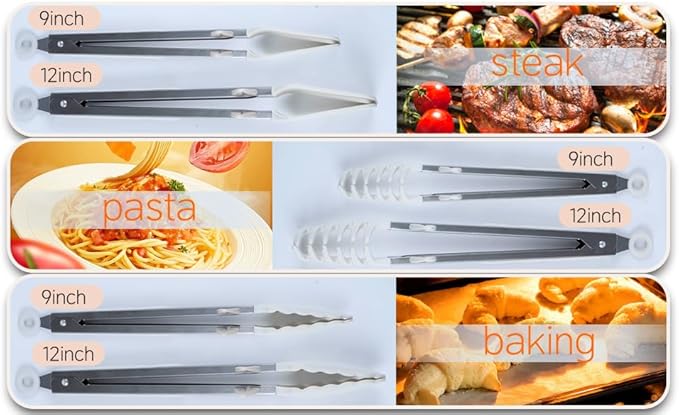 Kitchen Tongs,Set Of 3 Tongs with Silicone Tip for Cooking 9/12 Inch Stainless Steel Kitchen Tong for Meat,Food Grill,Salad,BBQ,Frying,Serving,Dishwasher (White, 9 Inch)