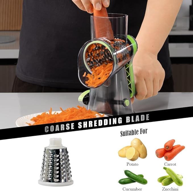 Cheese Grater Hand Crank Rotating Cheese Shredder Stainless Steel Vegetable Slicer Grater for Kitchen 3 Blades for Cheese, Carrot, Cucumber, Nuts, Chocolate, Green