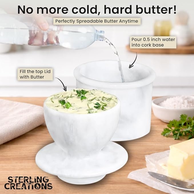 Handcrafted Round Marble Butter Keeper | Elegant White Marble French Butter Dish | Ideal Kitchen Storage for Soft Butter | Classic Breakfast Companion (Regular Size) (White Marble)