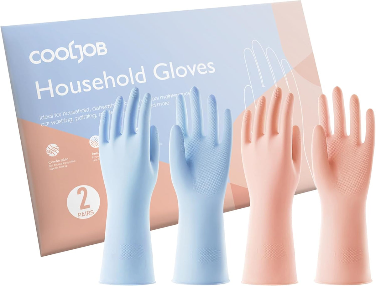COOLJOB 2 Pairs Thickened Rubber Gloves with Cotton Lining & Non-slip Grip, Colorful Household Long Lasting Dishwashing Gloves for Kitchen & Bathroom Cleaning, Orange & Blue, Medium