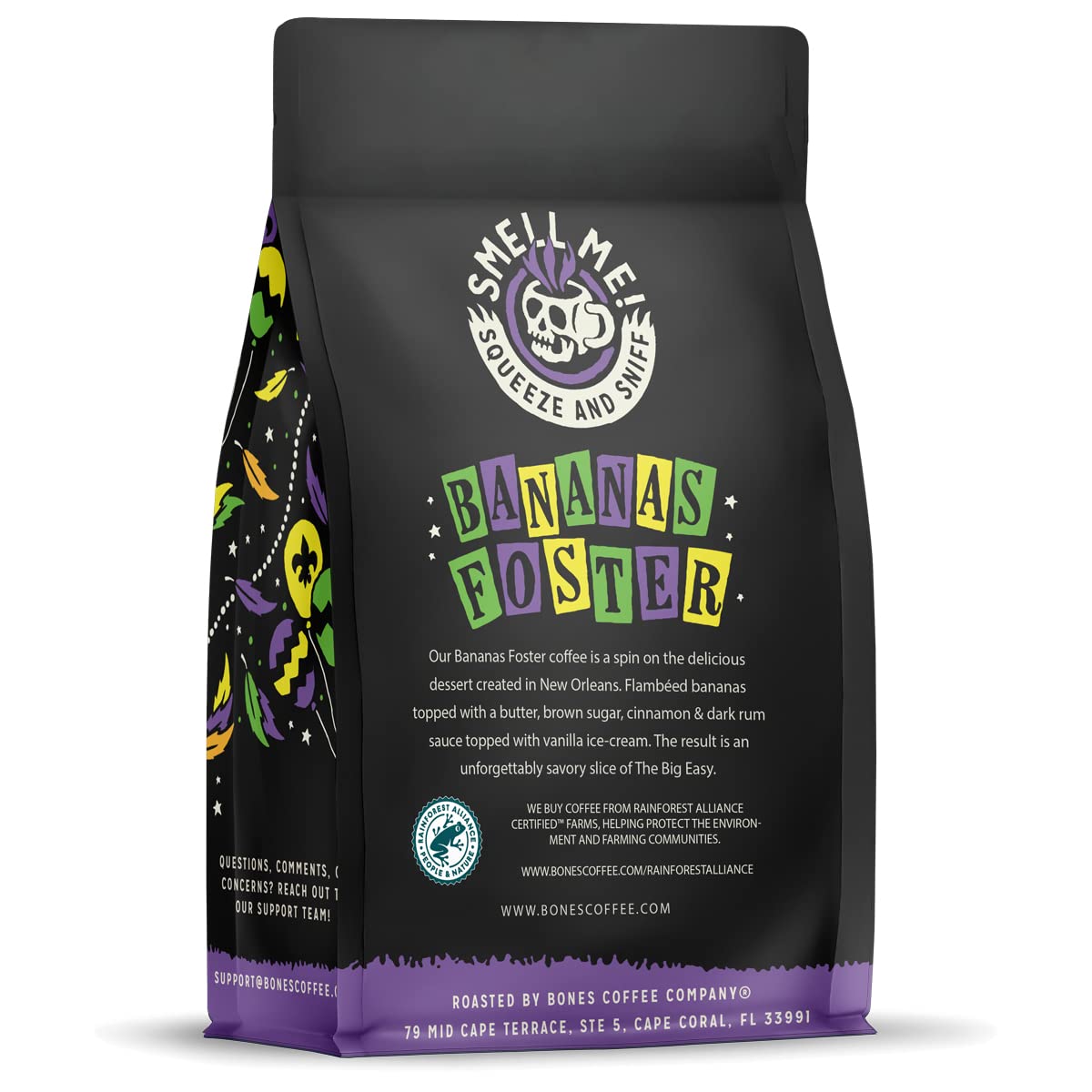 Bones Coffee Company Bananas Foster, Banana, Rum and Vanilla Flavored Coffee, Medium Roast Low Acid Arabica Beans Compatible with Auto drip and French Press Coffee Maker, 12 Oz Whole Bean