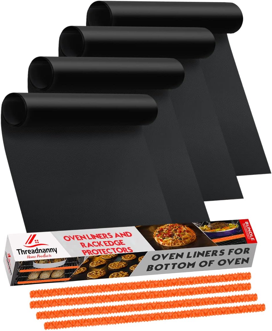 Oven Liners for Bottom of Oven Black (4-pack) Bundled with Rack Shield (4-pack) - Large Mat for Bottom of Range (17"x 25") and 14" Orange Stove Guards for Racks - Reusable & Heat Resistant